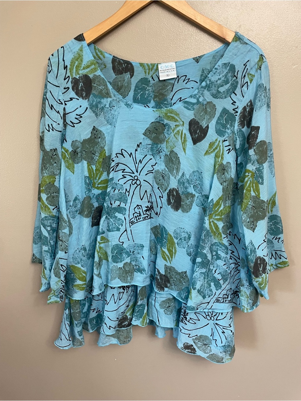 CMC by Color Me Cotton Size Large Gauze 3/4 Sleeve Novelty Print Top USA Made
